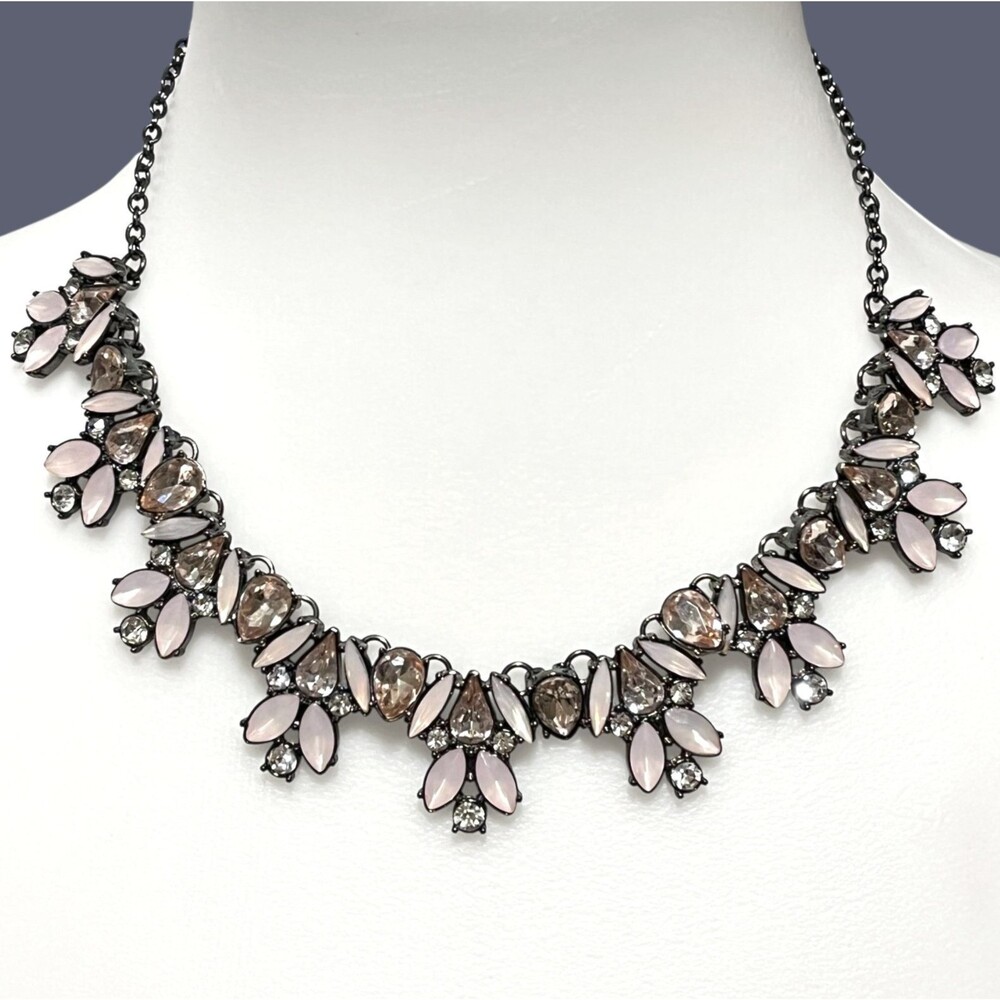 Black Pastel Pink Rhinestone Statment Necklace Marquise Pear Round Stones Party